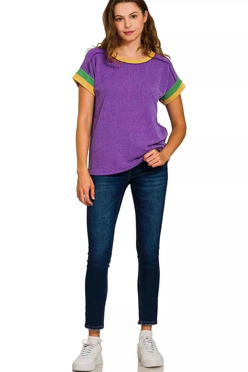 Zenana Mardi Gras Raised Rib Contrast Trim Top c0ccddddf31648f085657f0afc0b359d-Max-Origin