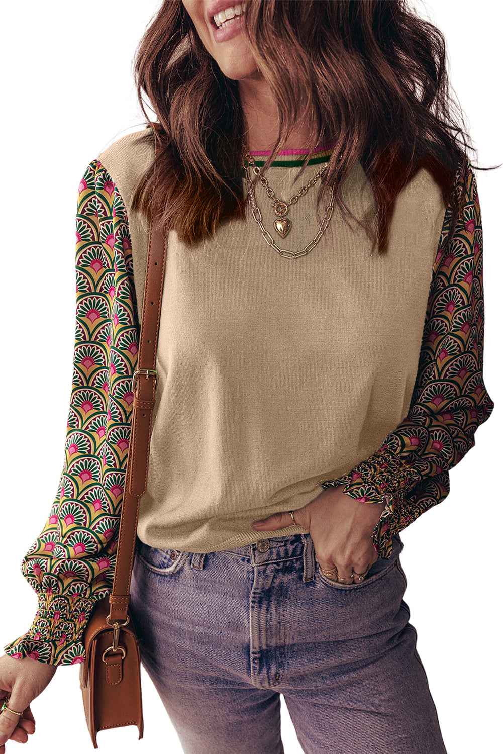 Apricot Floral Patchwork Shirred Cuff Puff Sleeve Sweater c0d4142c0e8ee4cb