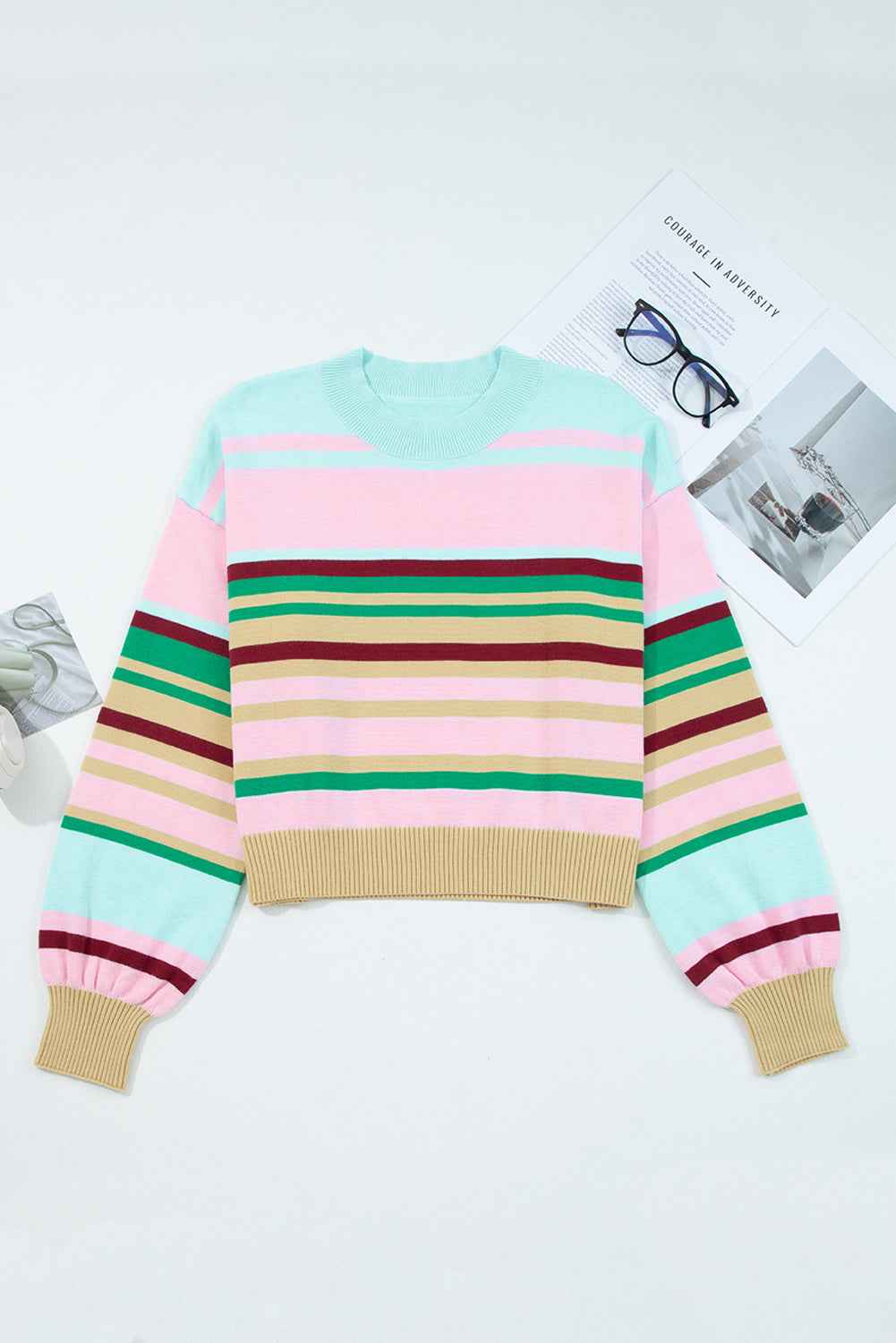 Multicolour Striped Knit Ribbed Trim Boxy Fit Cropped Sweater c0d86ba1f5fec006
