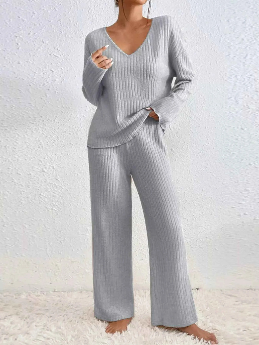Ribbed V-Neck Top and Pants Set Light Gray c0da3d234a774a9e837e67bb9186b704-Max-Origin