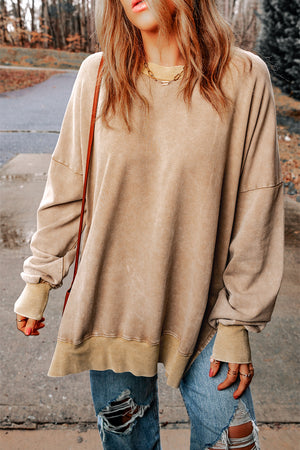 Khaki Plain Drop Shoulder Ribbed Trim Oversized Sweatshirt Khaki 75%Polyester+25%Cotton c0db5c01bae2f9d5