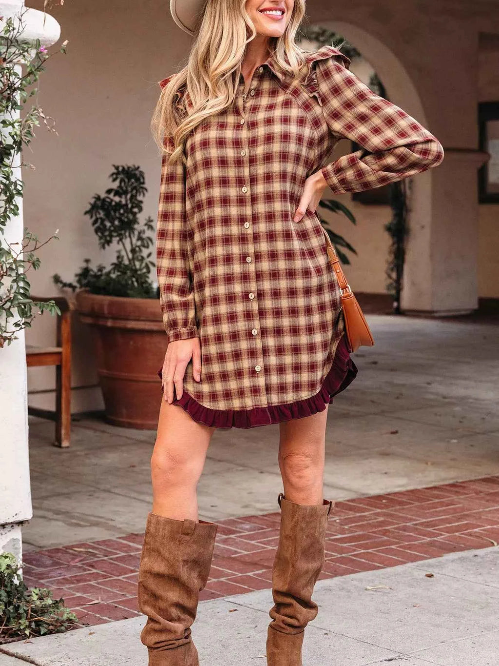 Plaid Print Ruffled Long Sleeve Patchwork Hem Mini Shirt Dress c0de9fa2-39ae-4239-a26d-6e783a78370f-Max-Origin