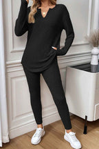 Racing Red Ribbed Notched Neck Knit Long Sleeve Leggings Two Pieces Lounge Set c0e0d2ce551342d0