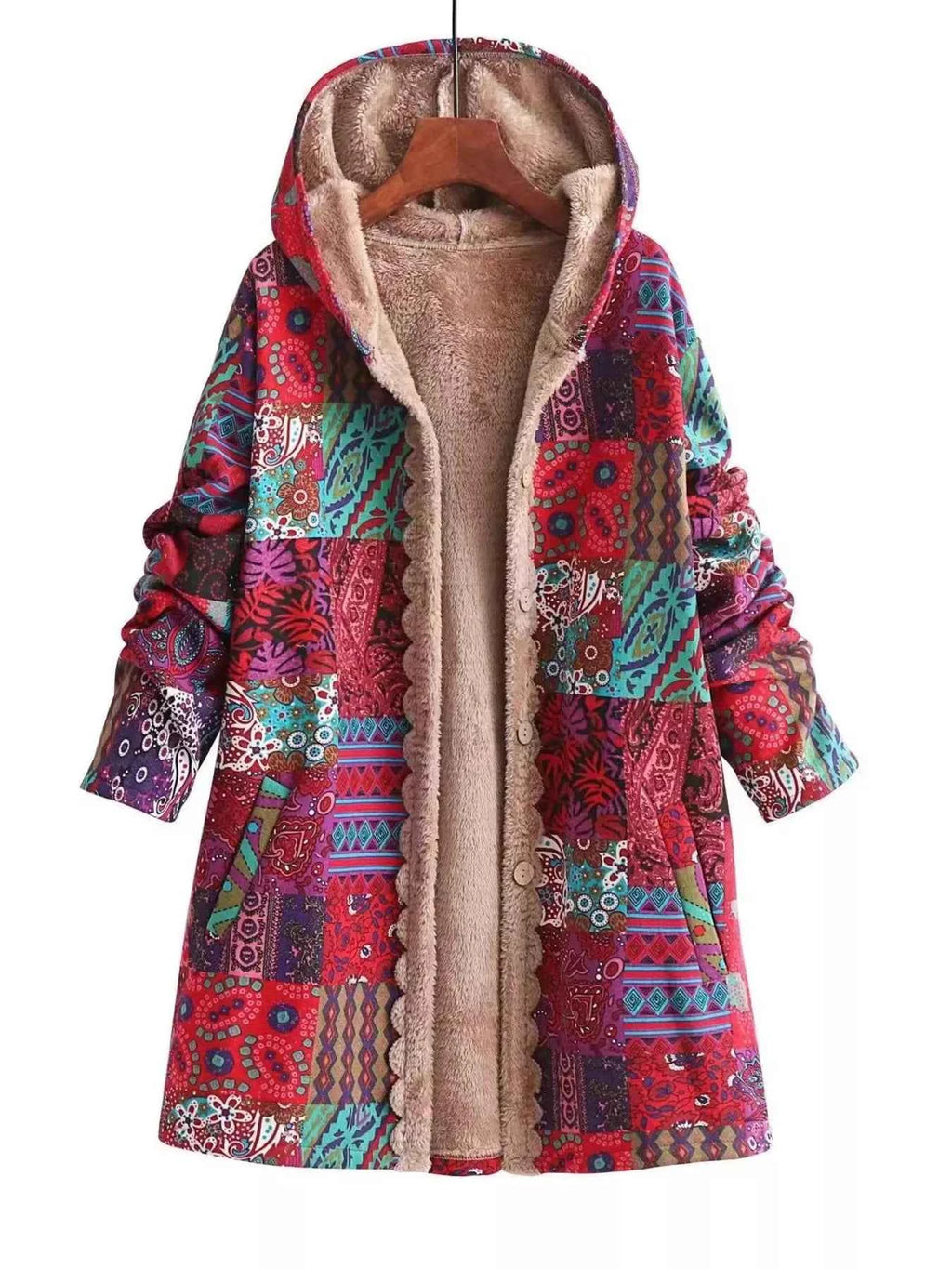Bohemian Patchwork Fleece Lined Hooded Outerwear Red c0e31a297824443cb15bfb7768dd4299-Max-Origin