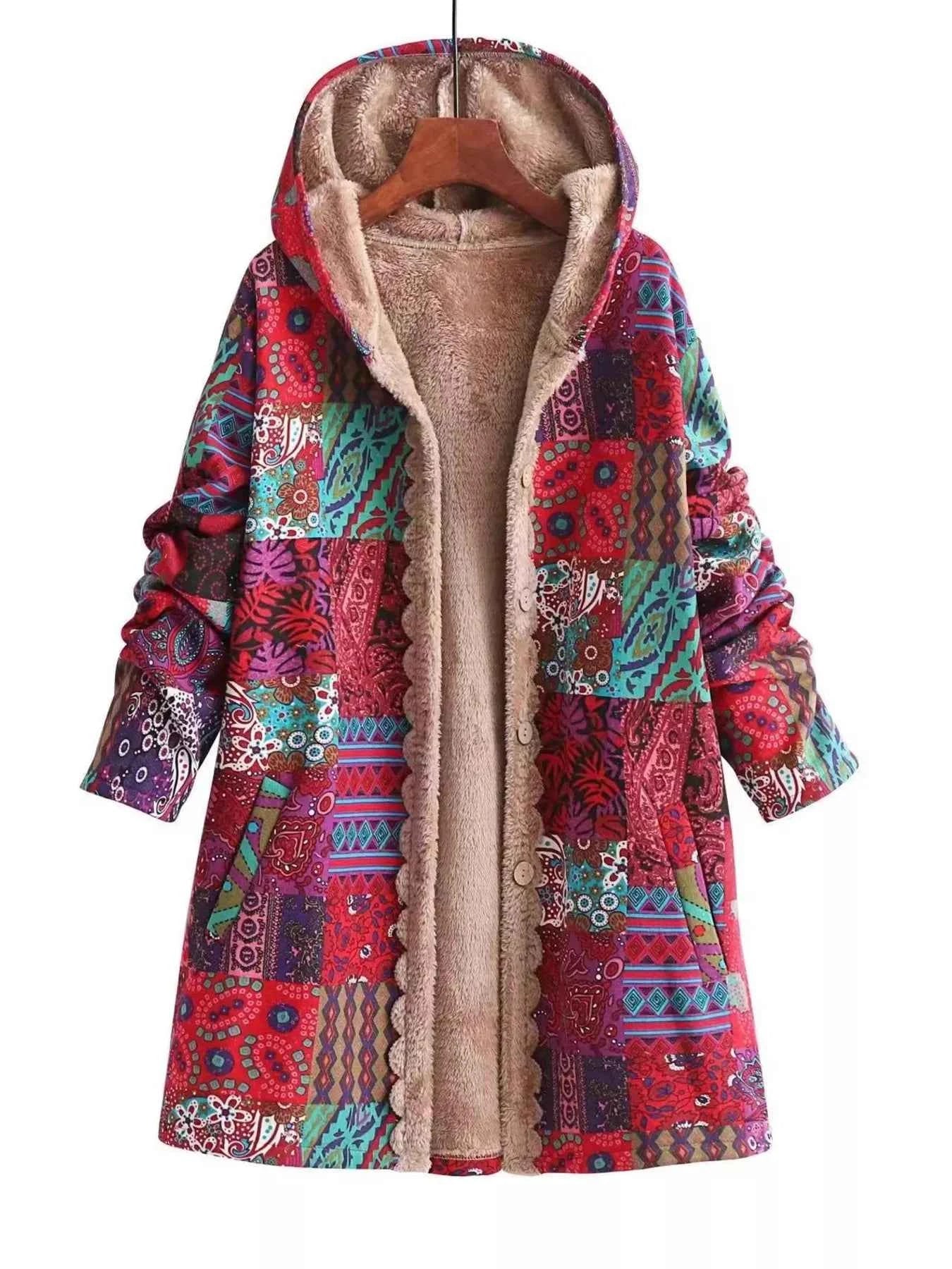 Bohemian Patchwork Fleece Lined Hooded Outerwear Red c0e31a297824443cb15bfb7768dd4299-Max-Origin