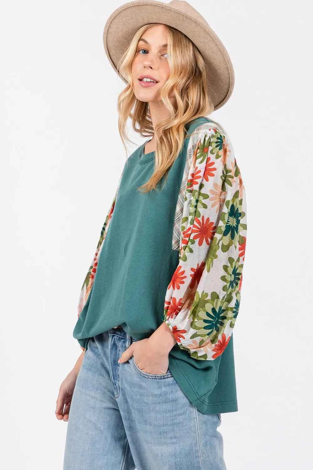 SAGE + FIG Full Size Printed Balloon Sleeve Contrast Top c0e6c58d-c607-4478-a85a-fdb544cdb2c4-Max