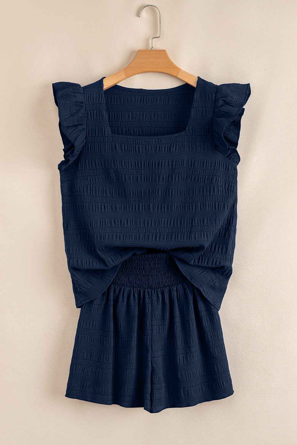 Dirty Blue Textured Ruffle Top and Shirred High Waist Shorts Set c0e9fa4965e00985