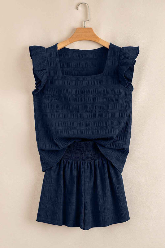 Dirty Blue Textured Ruffle Top and Shirred High Waist Shorts Set c0e9fa4965e00985