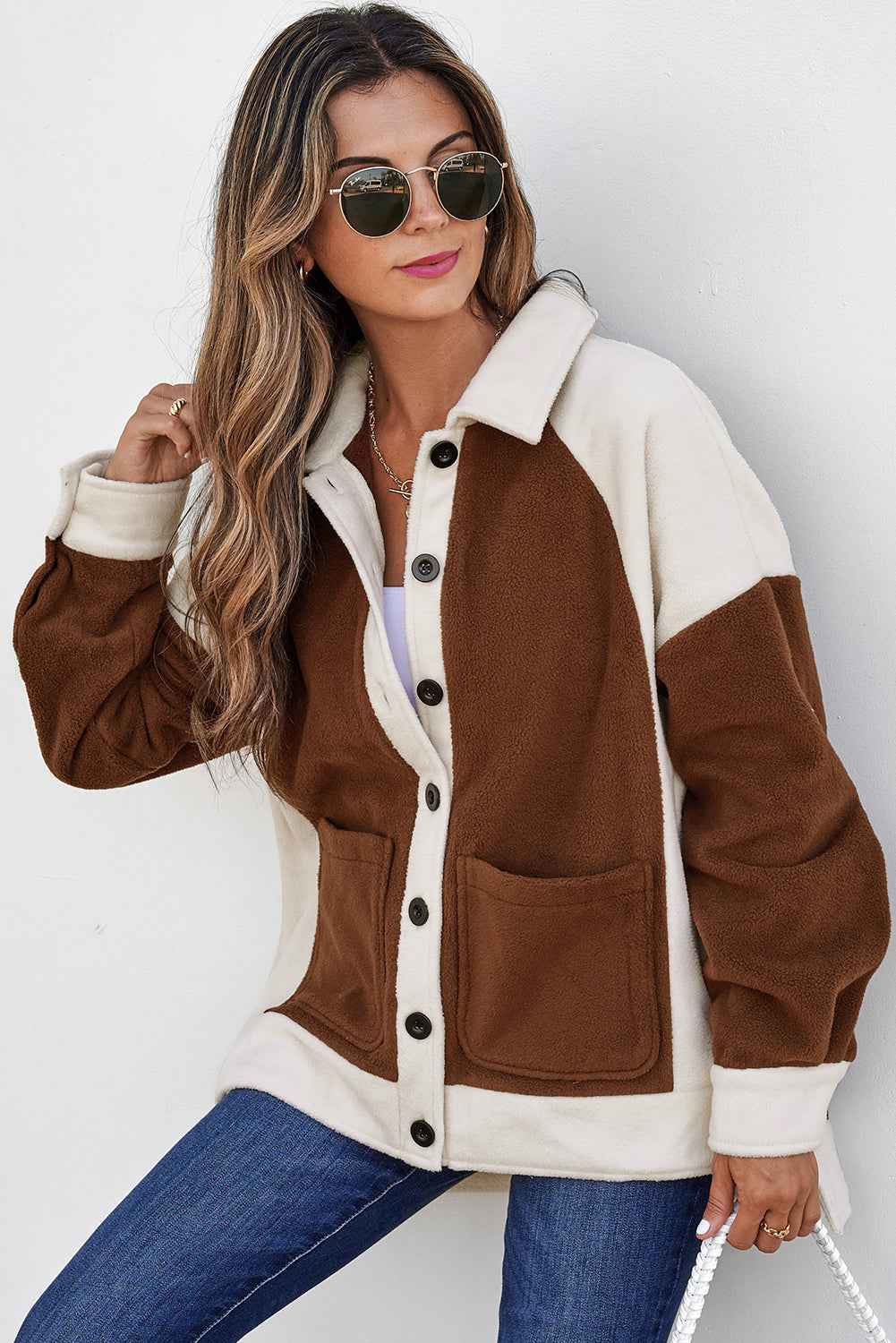 Brown Color Block Patchwork Button Down Fleece Shacket c0edb78e87792aa8