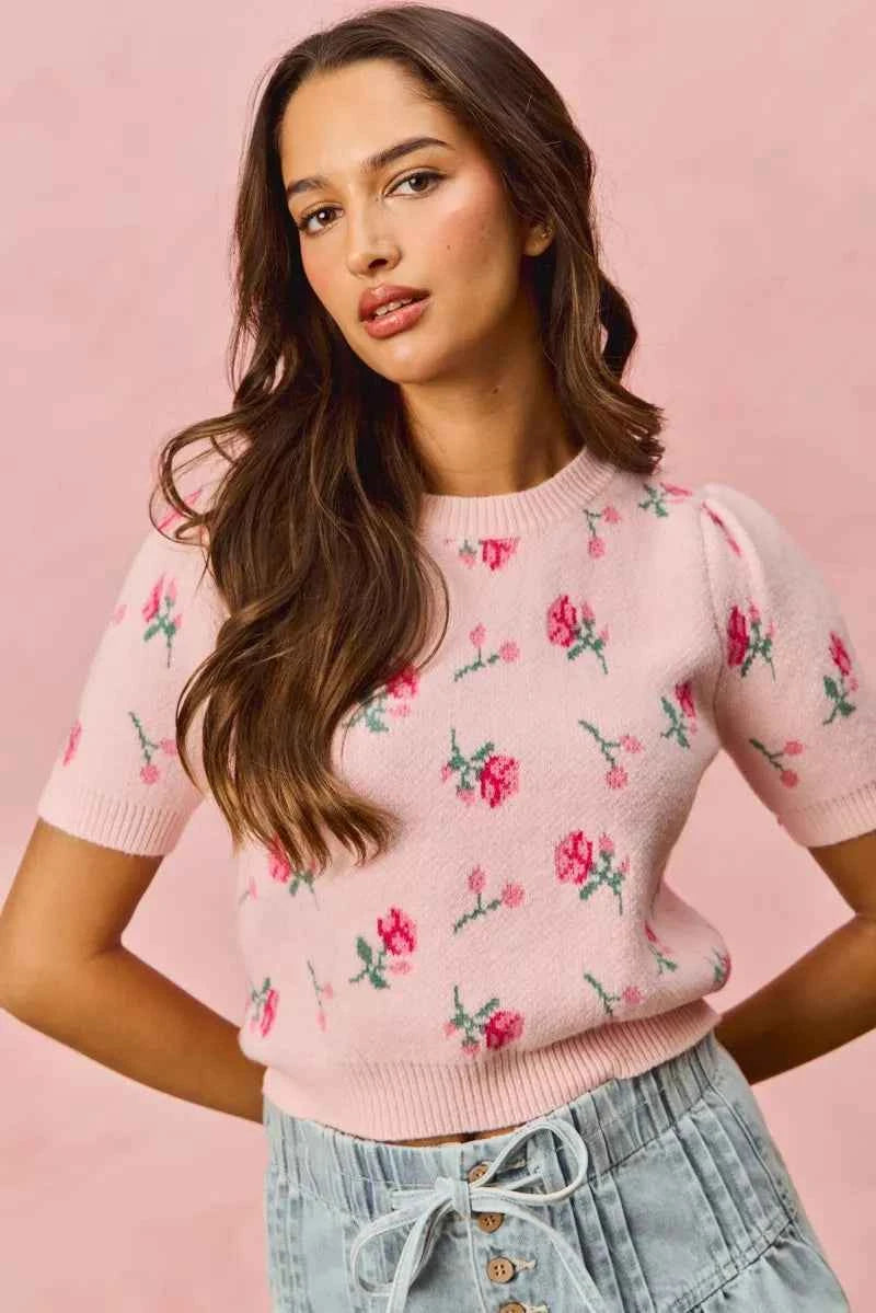 SO ME Floral Pattern Knit Puff Sleeves Sweater Top c0f3feffa1194e0180e8114e8a0778c7-Max-Origin