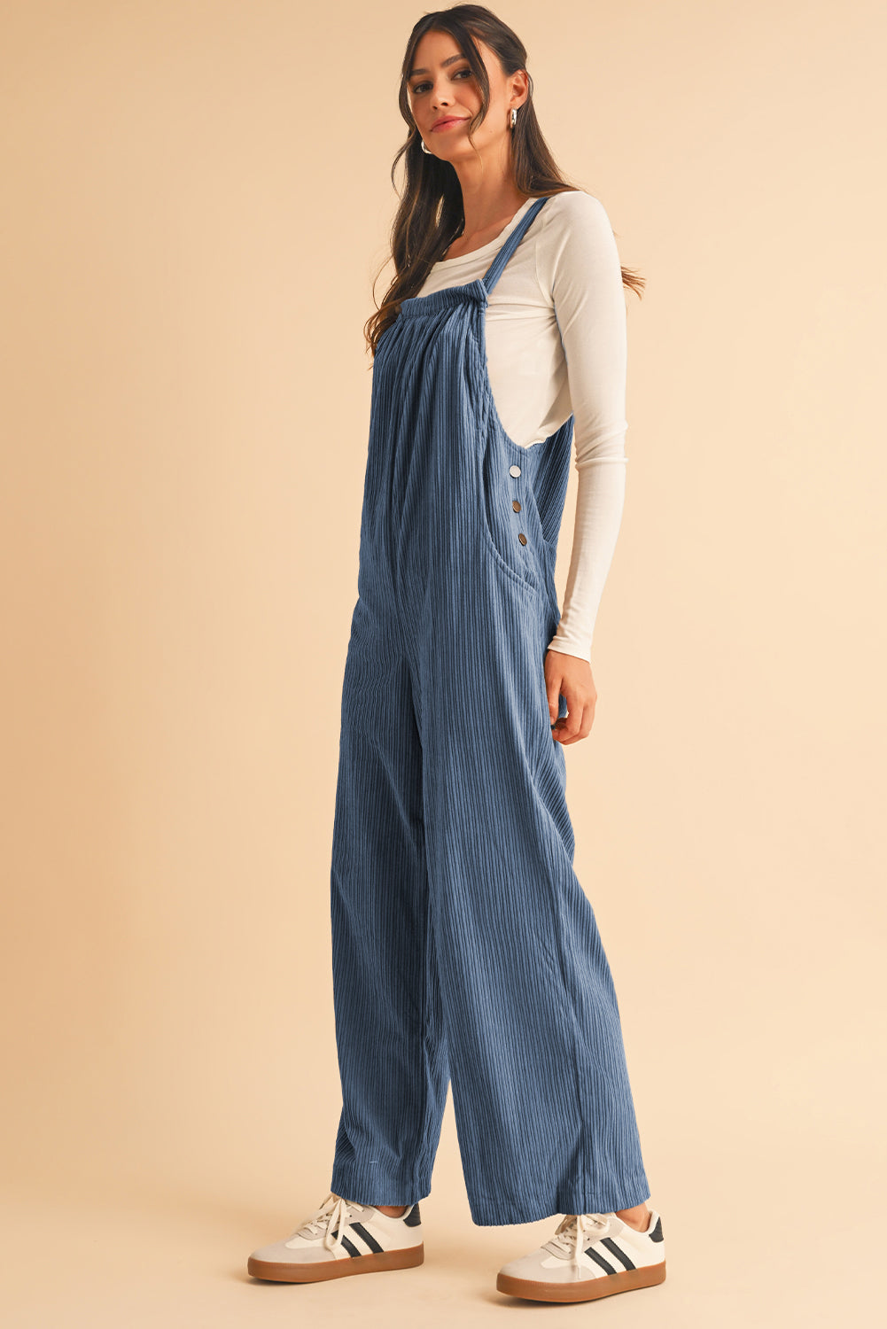 Jungle Green Plain Pocketed Loose Fit Corduroy Overalls c0f8a84ee3266c81