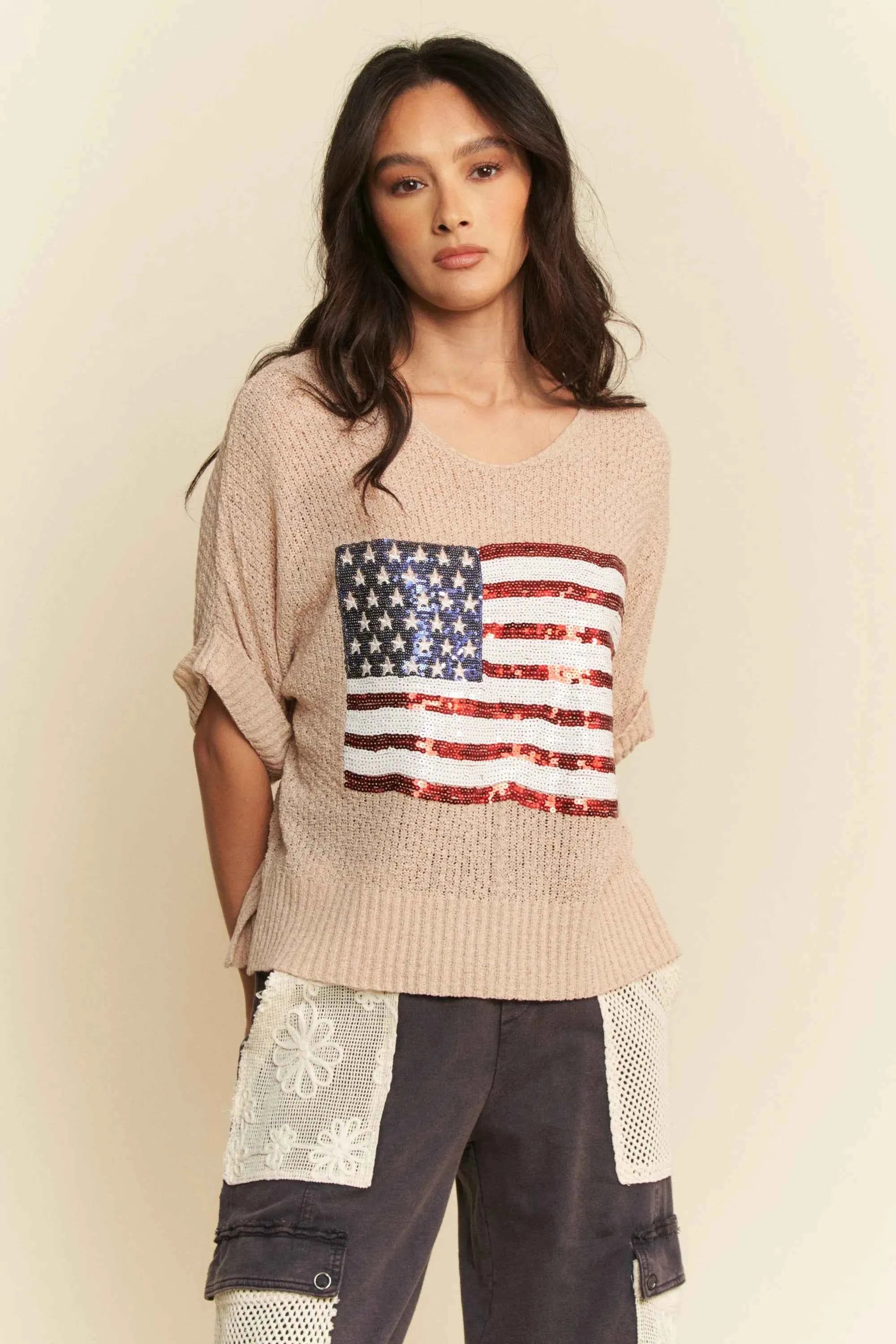 Davi & Dani Sequin American Flag Patch Short Sleeve Knit Top TAUPE c0f8ec0161c44e2aa9bbf80ec63d1288-Max-Origin