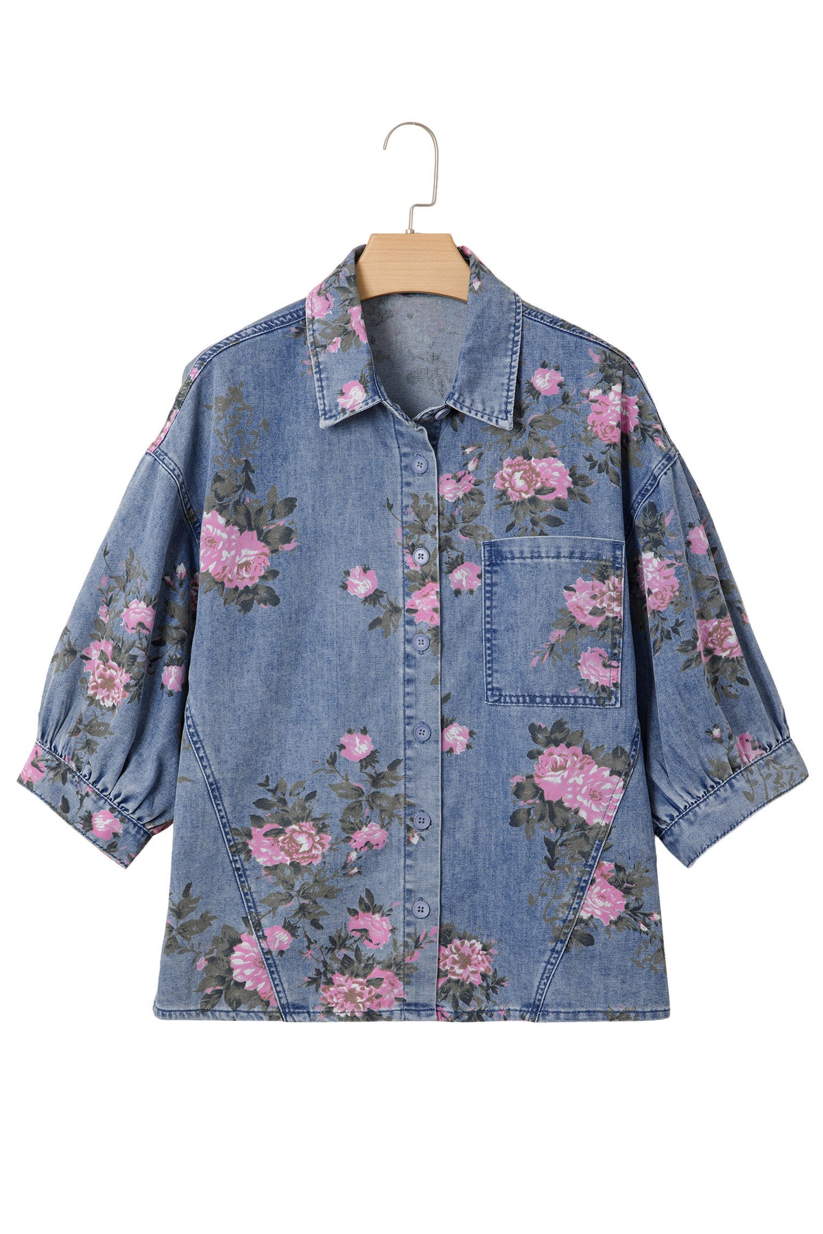 Blue Bracelet Sleeve Floral Denim Shirt c0fa3d5e1800dba1