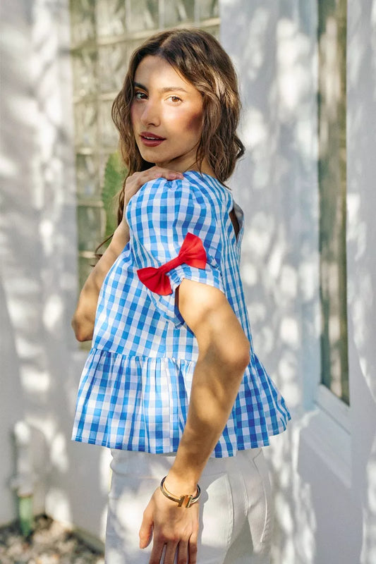 4th Of July Gingham Ribbon Detail Short Sleeves Blouse c0fc65b3-c9c4-49b2-956a-d8d21f2155c4-Max-Origin