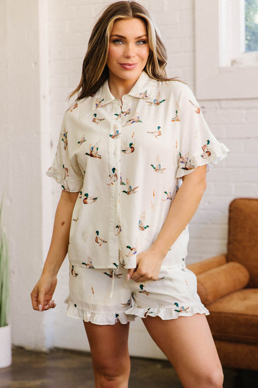 Beige Mallard Print Shirt Style Short Two Piece Set Beige 100%Viscose c0fdc46e6ccb39c7