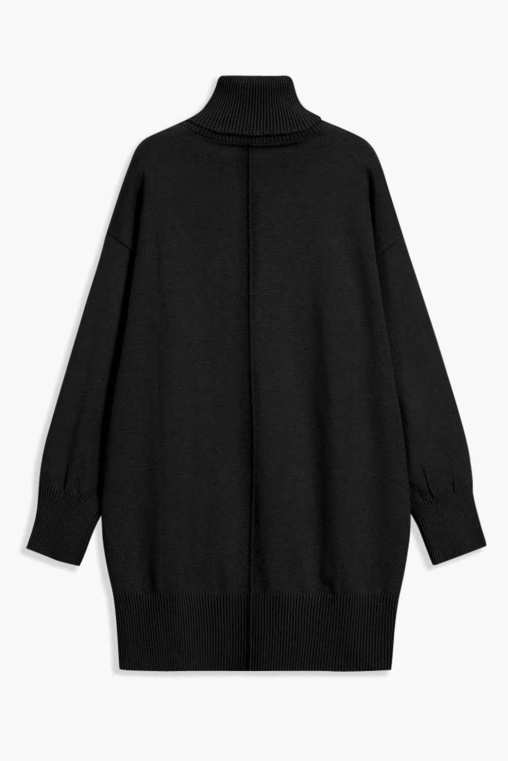 Black Solid Color Turtleneck Drop Shoulder Loose Sweater Dress c0ff0725a04b9be2