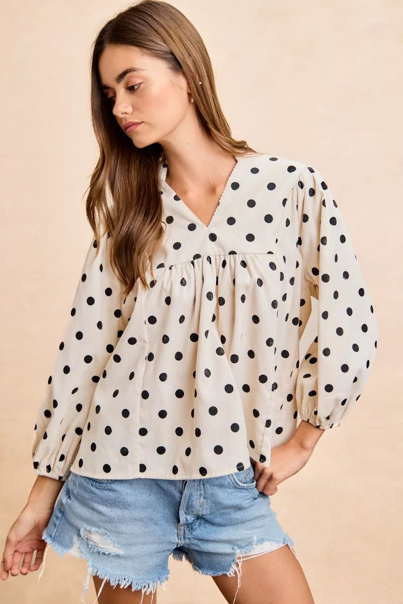 BiBi Polka Dot Corduroy Quarter Sleeves V Neck Blouse c10019903f5e42dba9cb52a8fe643cce-Max-Origin