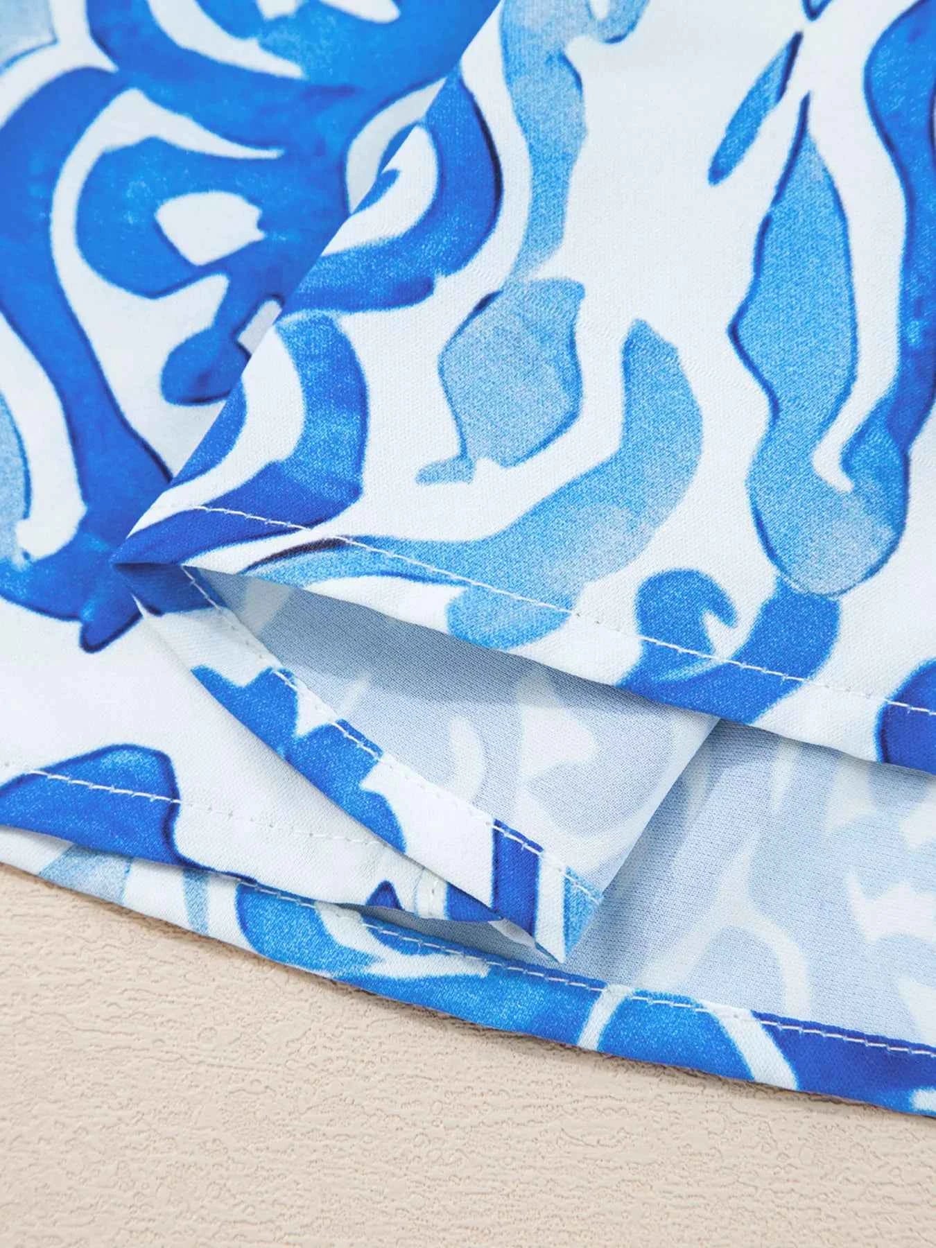 Printed Tie Split Neck Button Front Puff Sleeve Shirt c109992fd06b409e8c60937fb0f7bf17-Max-Origin