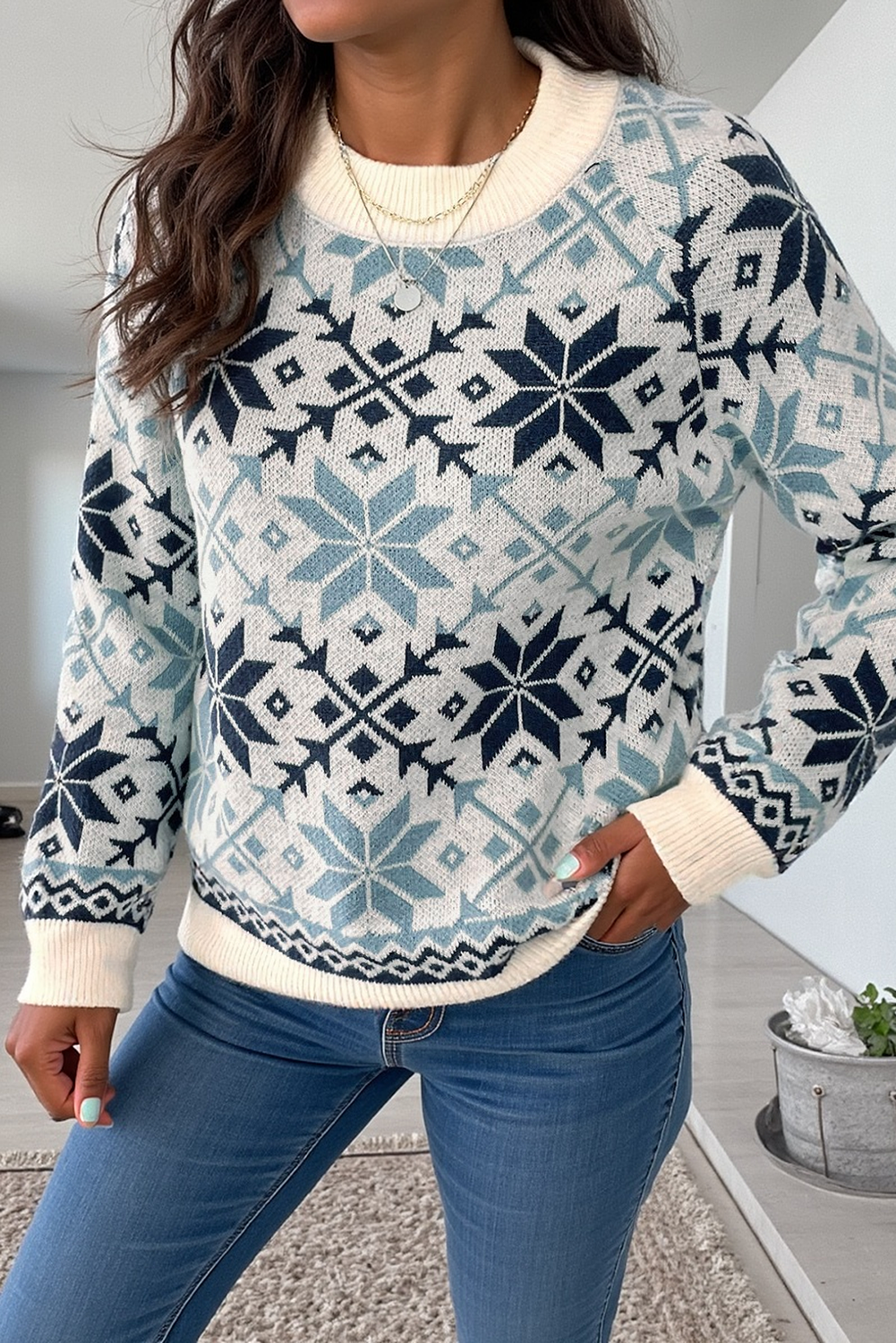 Sky Blue Snowflake Geometric Pattern Fashion Sweater c10a289db9f5b8a1