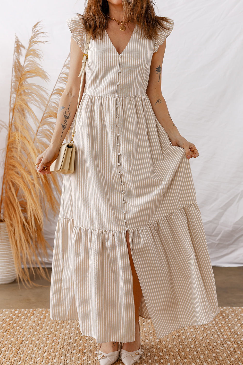 Khaki Stripe Flutter Sleeve Buttoned Front Slit Maxi Dress Khaki Stripe 50%Polyester+50%Cotton c10f7324177f142d