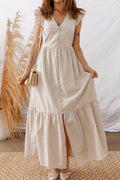 Khaki Stripe Flutter Sleeve Buttoned Front Slit Maxi Dress Khaki Stripe 50%Polyester+50%Cotton c10f7324177f142d