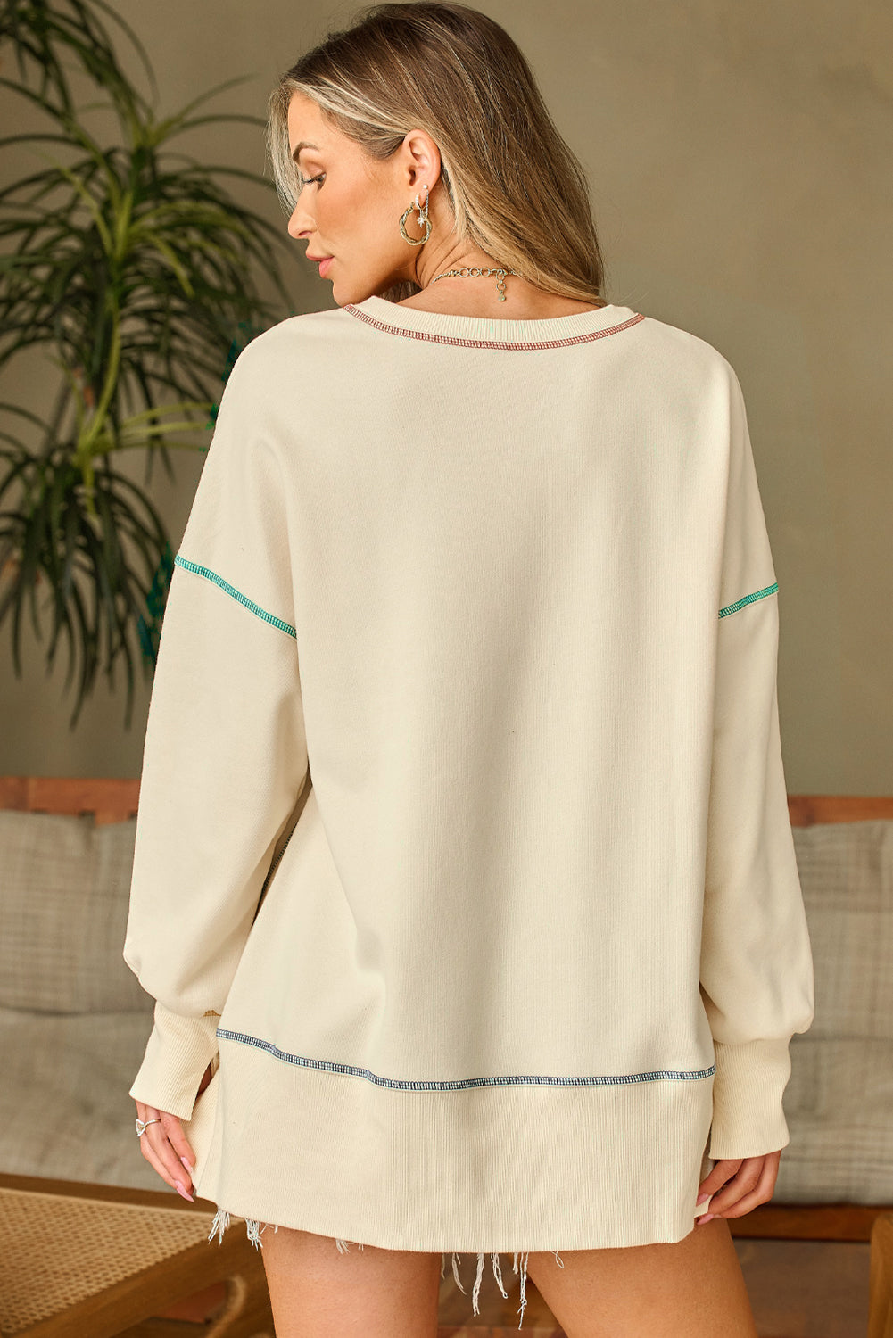 White THANKSGIVING Ribbon Bow Heat Transfer Printing Contrast Trim Baggy Sweatshirt