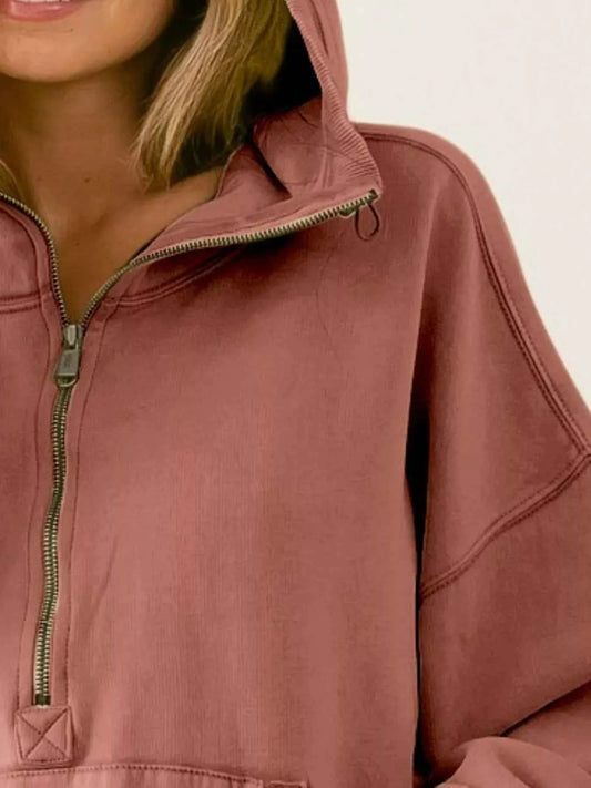 Stitch Detailed Elastic Hem Half Zip Fleece Hoodie c11b8351-07ed-473f-83be-2eea8d72ba6e-Max-Origin