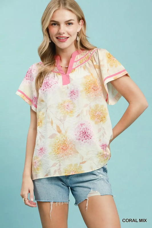 Floral Flutter Sleeve Blouse CORAL MIX c11c5d05-57fb-4a27-b4d6-3b5583cf2ceb-Max-Origin