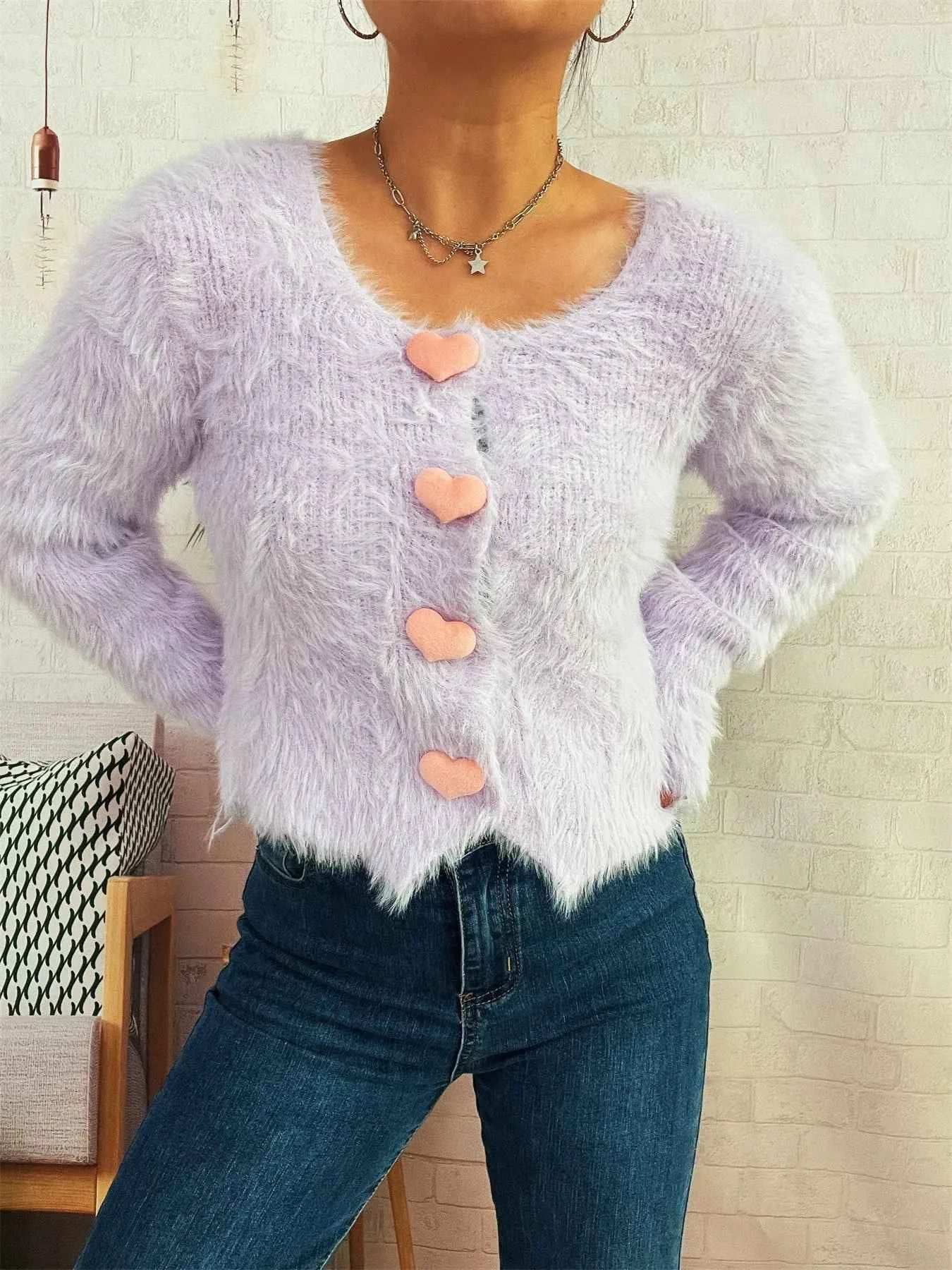 Fuzzy Heart Shape Button-Up Cardigan c11e51df5b5d411f86905187302010da-Max-Origin