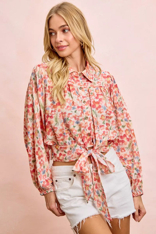 Floral Print Tie Hem Detail Crop Shirt c1215264-d402-4d5d-b222-d4da692941b5-Max-Origin