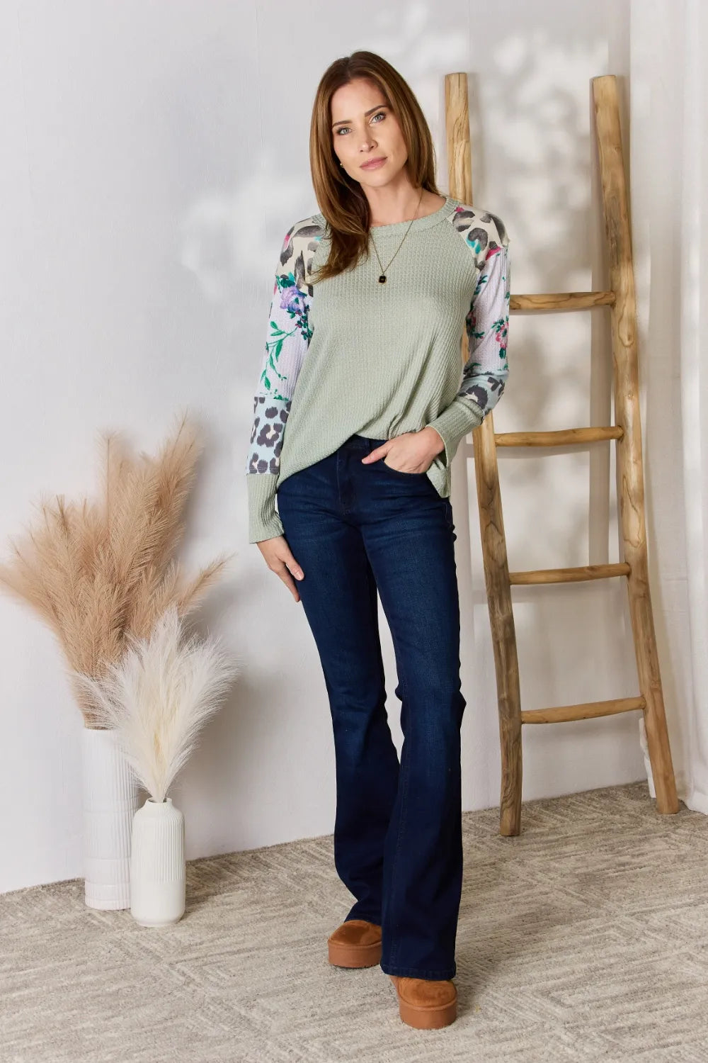 Hailey & Co Full Size Printed Round Neck Blouse c121bf1e-10af-407f-bee4-14c278622117-Max