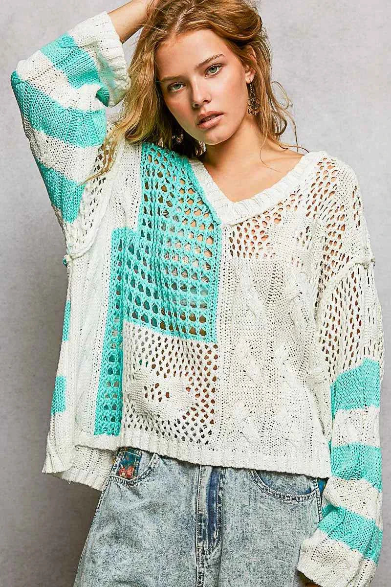 POL Color-Blocked Stripe Pattern Knit Top with Twisted Weave AQUA c121de0f-57b3-4a39-9701-452986a1ae01-Max-Origin