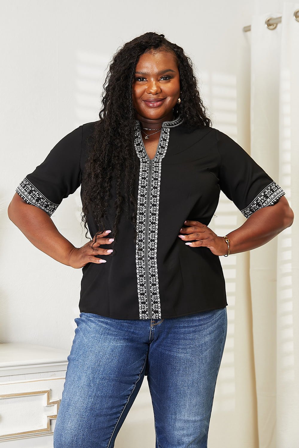 Double Take Embroidered Notched Neck Top c12266fafab04329936dd615a5e68e47-Max