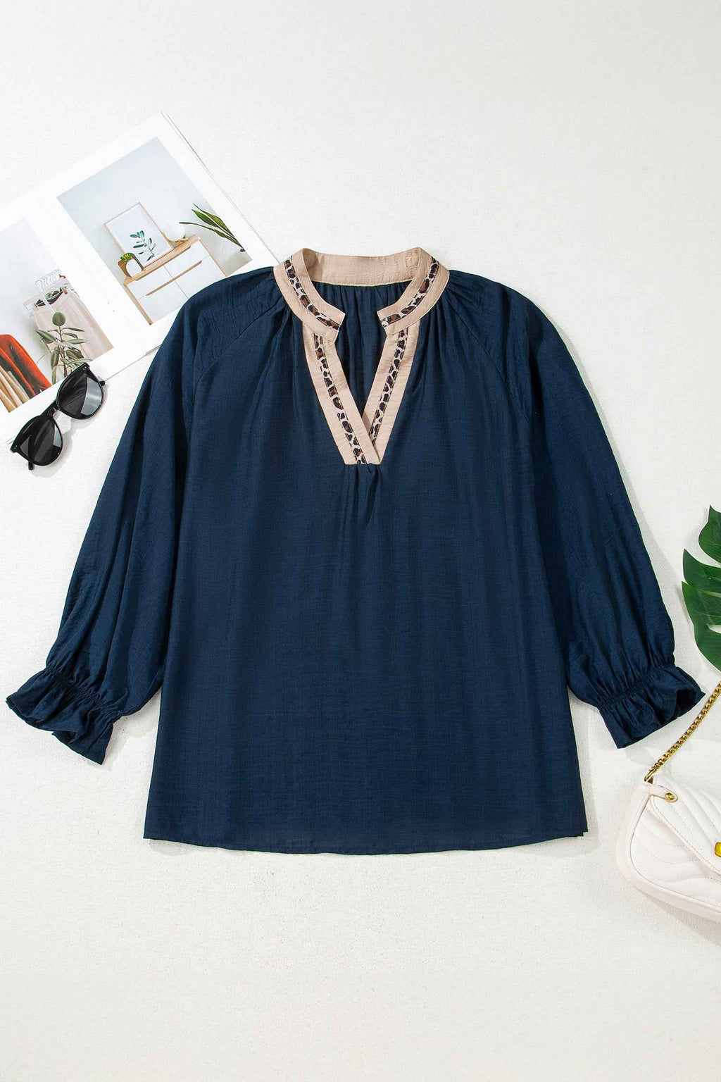 Navy Blue Contrast Leopard Patchwork Collar Plus Size Long Flounce Sleeve Blouse c122e58de114b0c3
