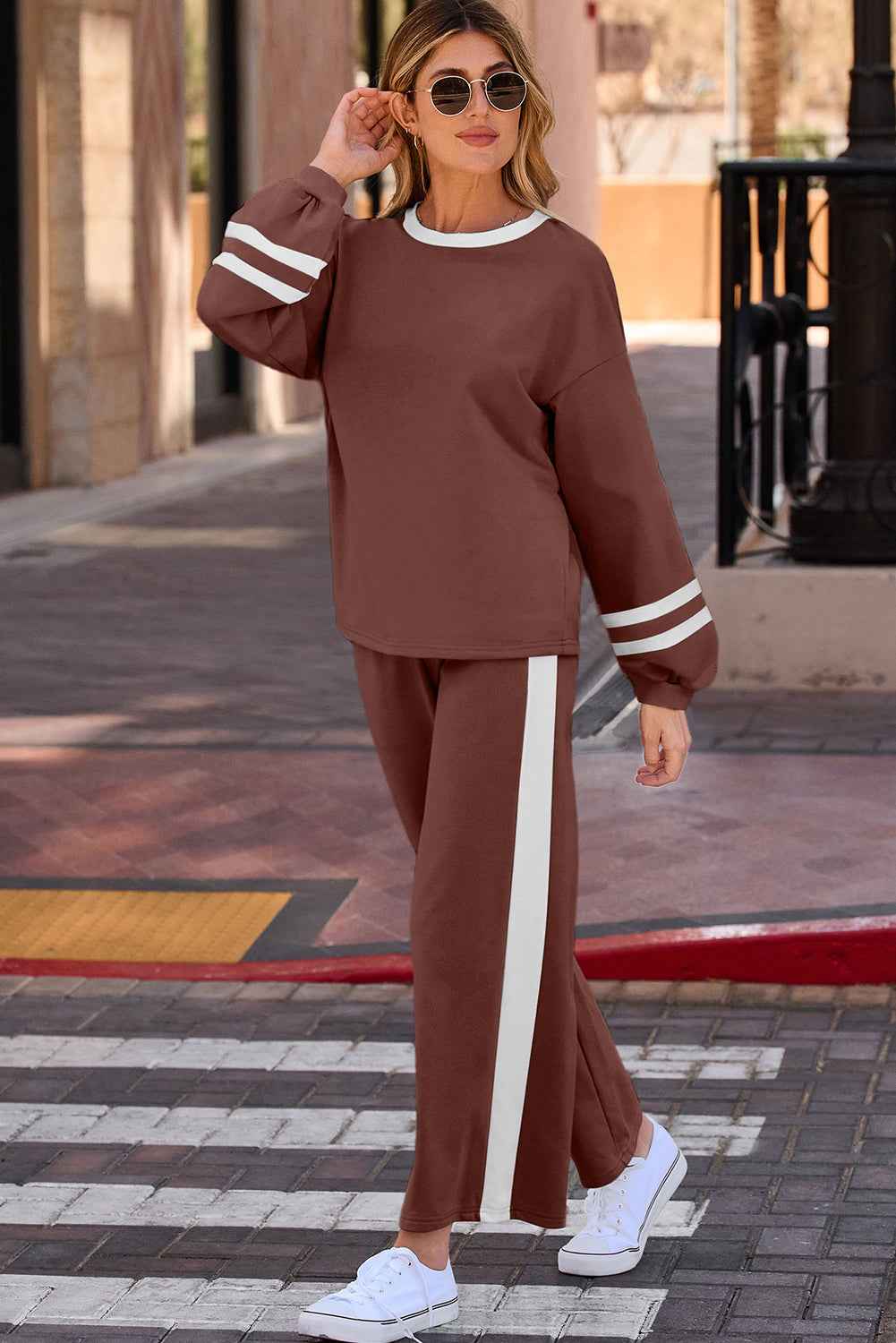 Mineral Red Varsity Stripe Patchwork Puff Sleeve Pullover Drawstring Wide Leg Pant Set c12c32b7c91ac213