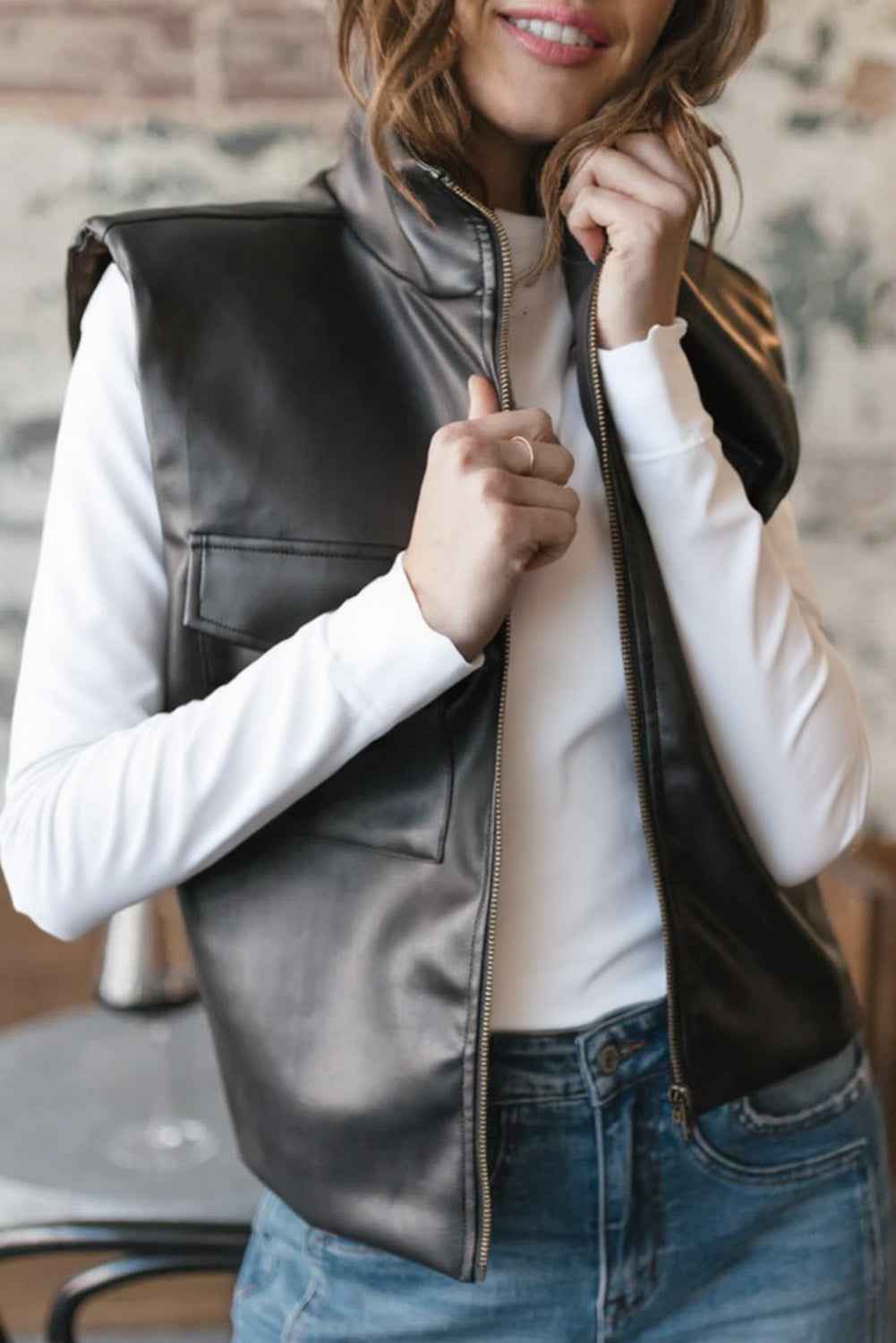 Black Double Flap Pocket Faux Leather Zip Up Stand Neck Vest c130383f3b046b2b