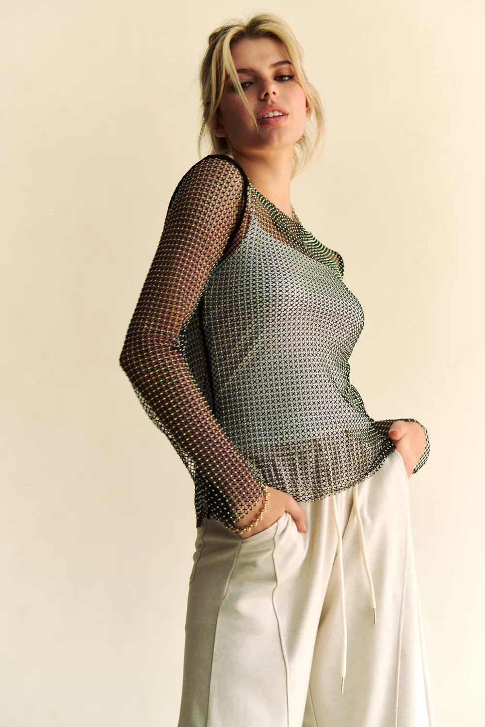 Davi & Dani Sparkling Rhinestone Sheer Mesh Round Neck Top c1309f22-42b4-44eb-9724-0884cb7b2baa-Max