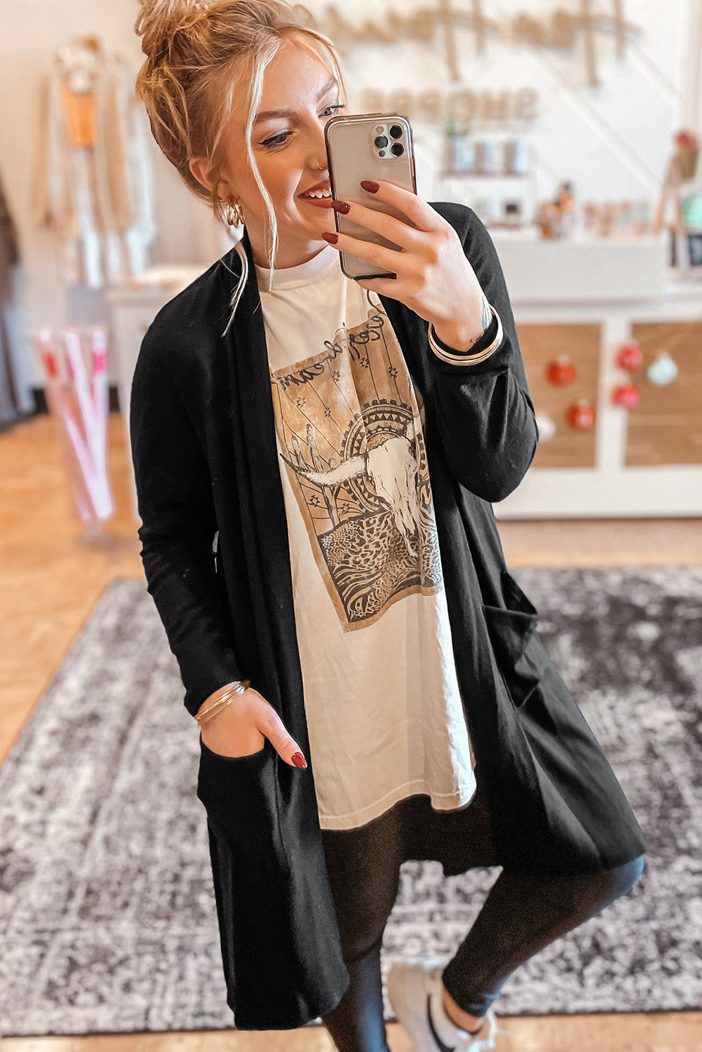 Black Solid Color Open Front Cardigan with Pocket c1340cccaabaf171