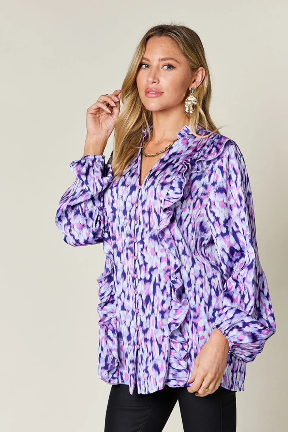Double Take Full Size Printed Ruffle Trim Balloon Sleeve Shirt c1349d94-fbdf-4347-af86-79c0dc9ba7d6-Max