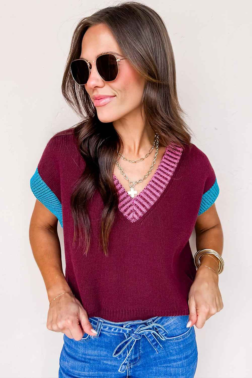Burgundy Contrast Trim V Neck Cuffed Short Sleeve Loose Sweater c136ab74a835f64a
