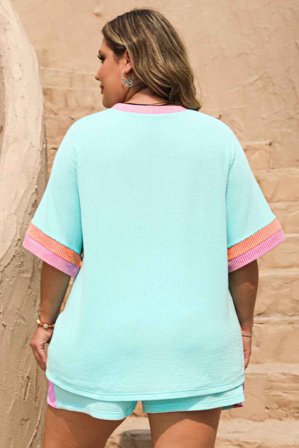 Bonbon Colorblock Corded Plus Size Two Piece Shorts Set c13bd35eb33ed245