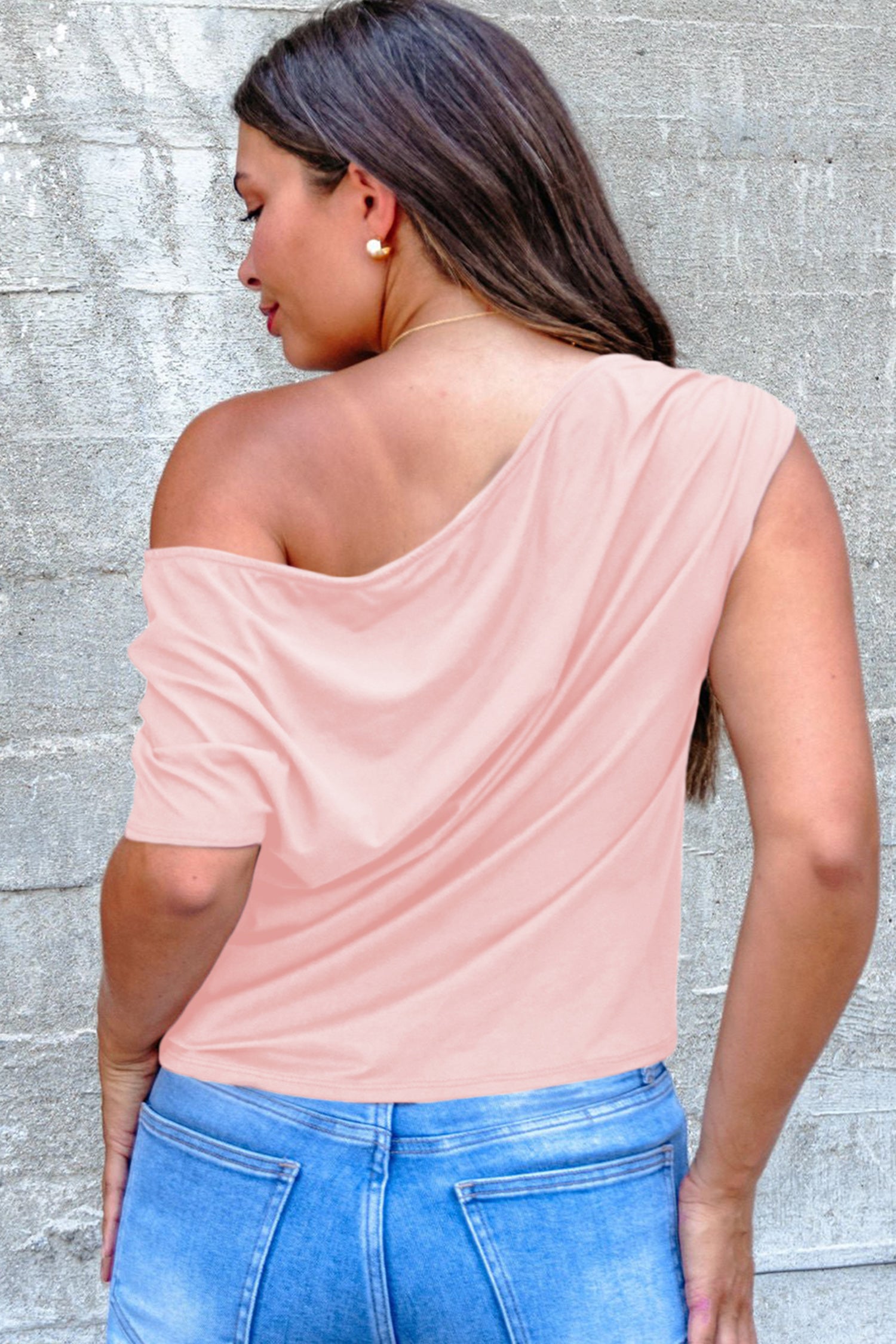 Blue Sapphire Plus Size Solid Color Asymmetric Neck Short Sleeve Blouse c13c70a1038ad112