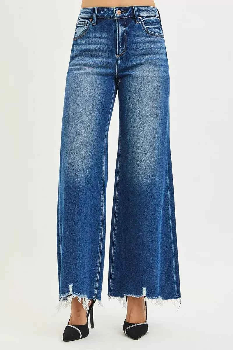 RISEN High Rise Wide Leg Jeans with Distressed Hem c13f7163383043f6a39e0a45a64f20de-Max-Origin