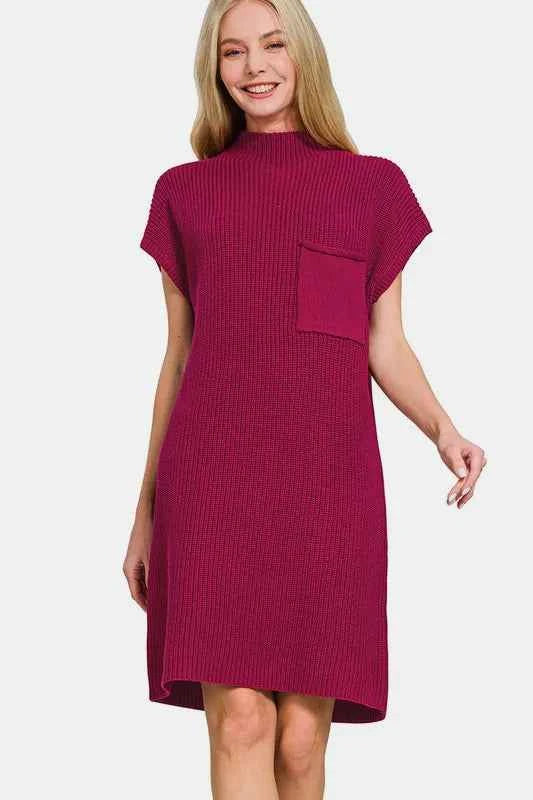 Zenana Mock Neck Short Sleeve Sweater Dress Cabernet c140ac39-8d0e-4804-85ee-309eb1955974-Max