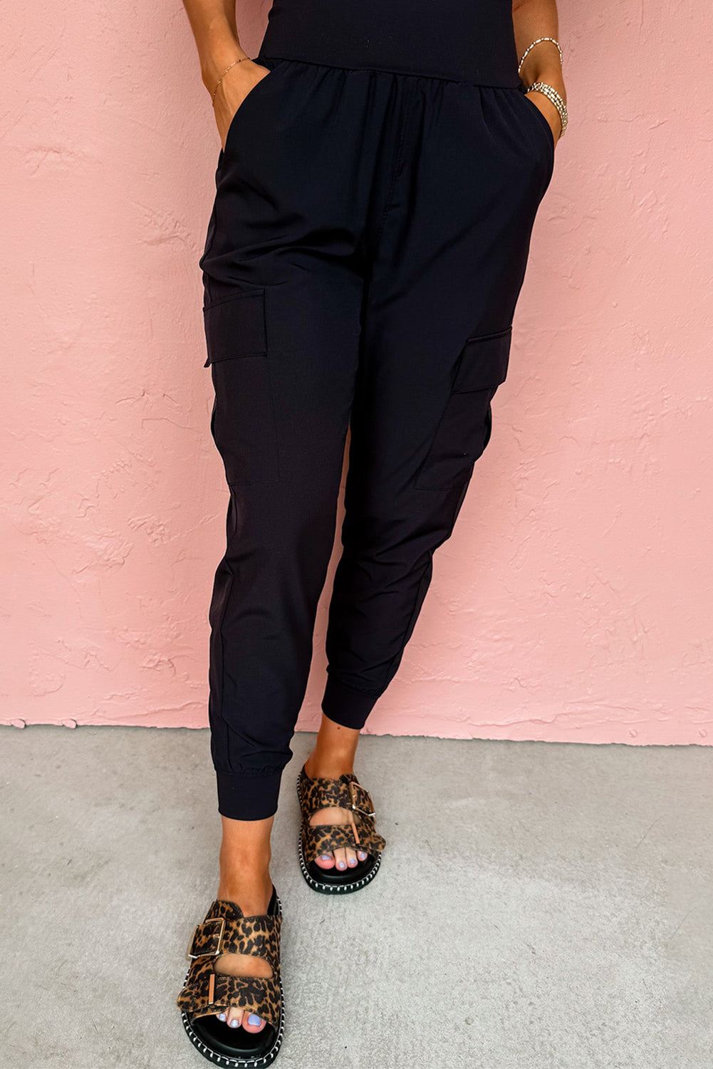 Black Elastic High Waist Pocketed Cargo Jogger Pants Black 92%Polyamide+8%Elastane c142e56480947a13