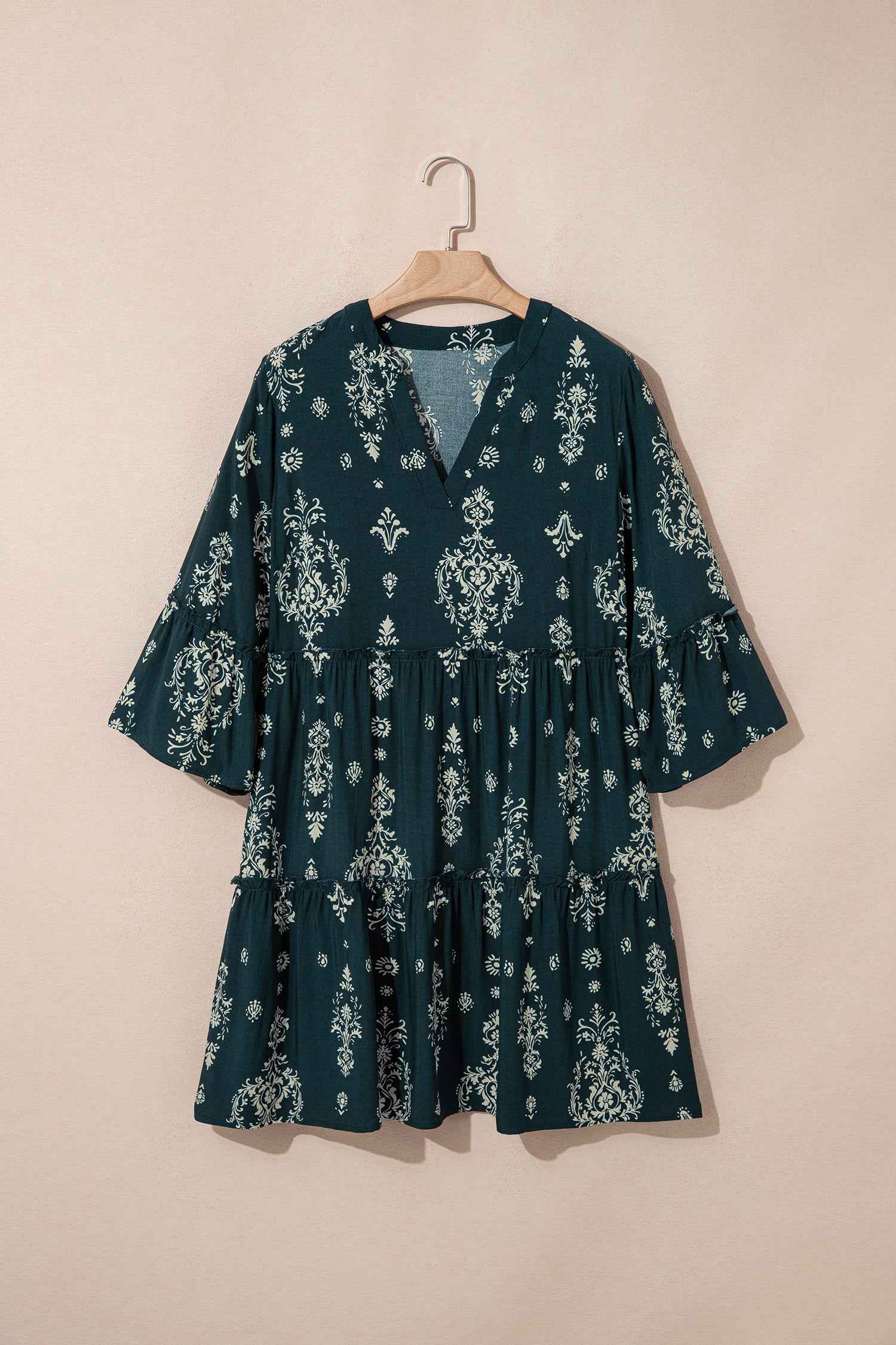 Sky Blue Boho Floral Print Lettuce Trim 3/4 Sleeve Mini Dress c14406466103a89e