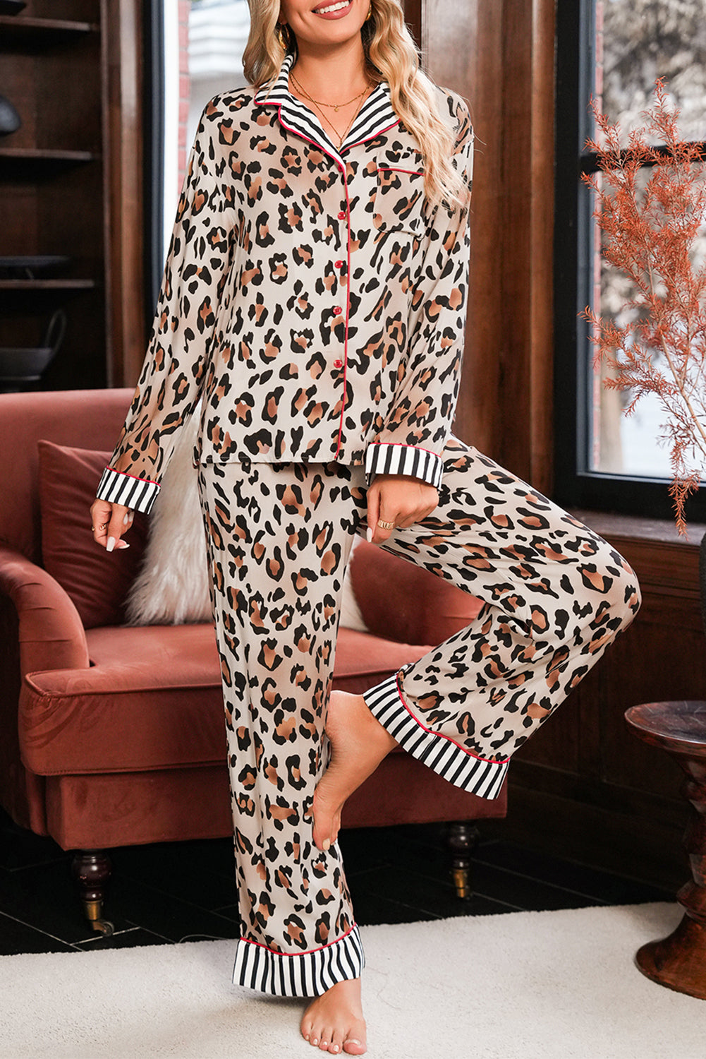 Khaki Leopard Print Colorblock Striped Patchwork Shirt and Pants Pajama Set c1446f5709f88901