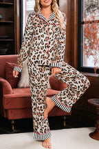 Khaki Leopard Print Colorblock Striped Patchwork Shirt and Pants Pajama Set c1446f5709f88901