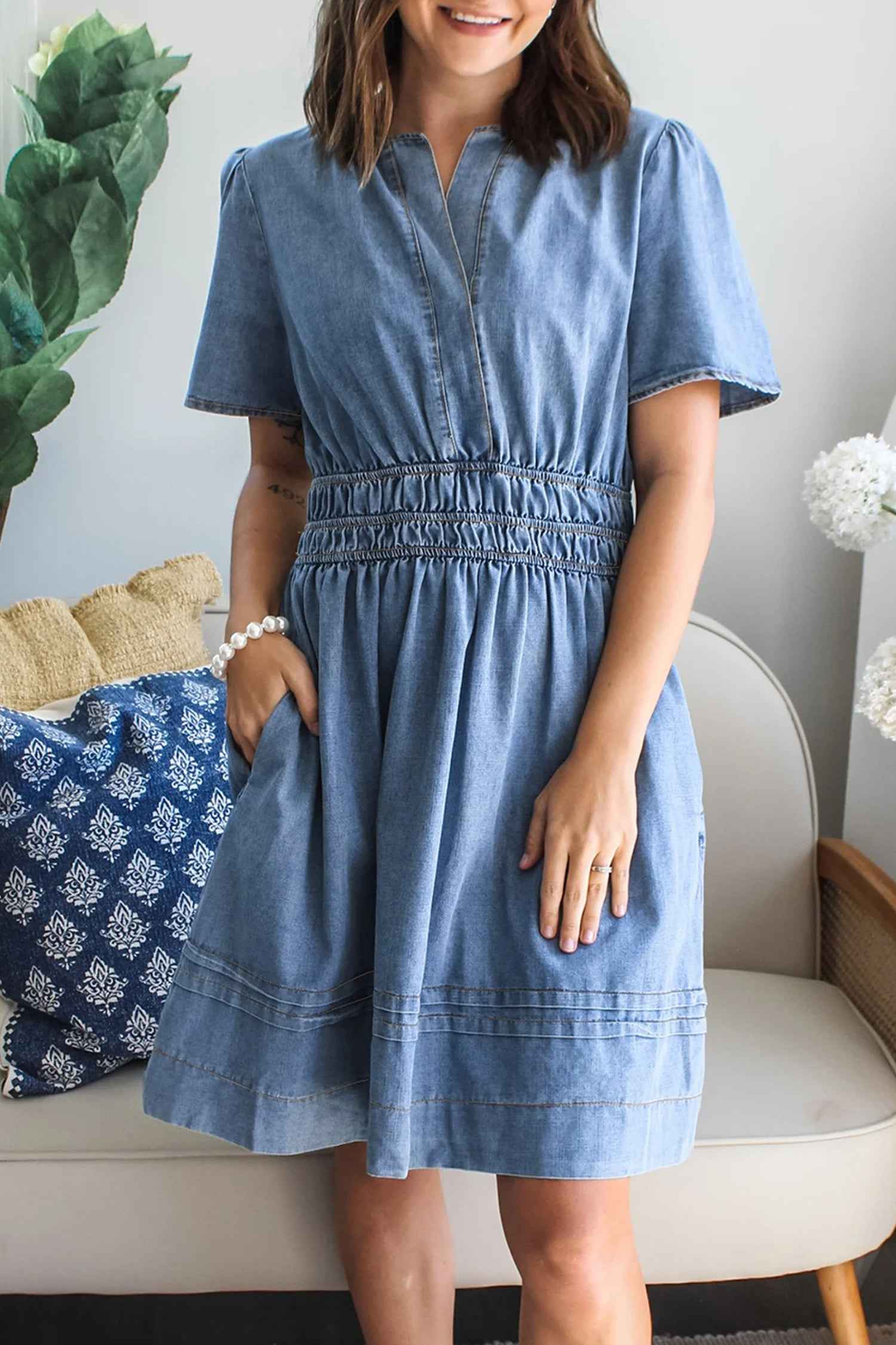 Myosotis Elastic Waist Short Sleeve Denim Mini Dress Myosotis 71%Cotton+27.5%Polyester+1.5%Elastane c145433b579e85e2