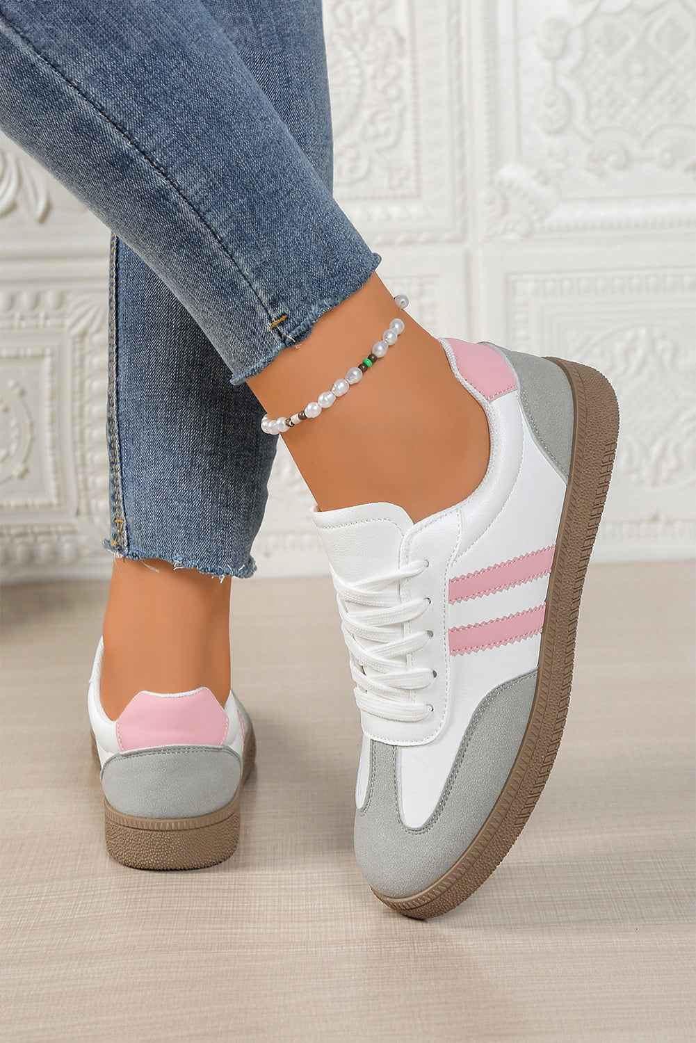 Rose Red Color Block Lace Up Sneakers Pink 100%Polyester+100%TPR c14871526b7f8b3e